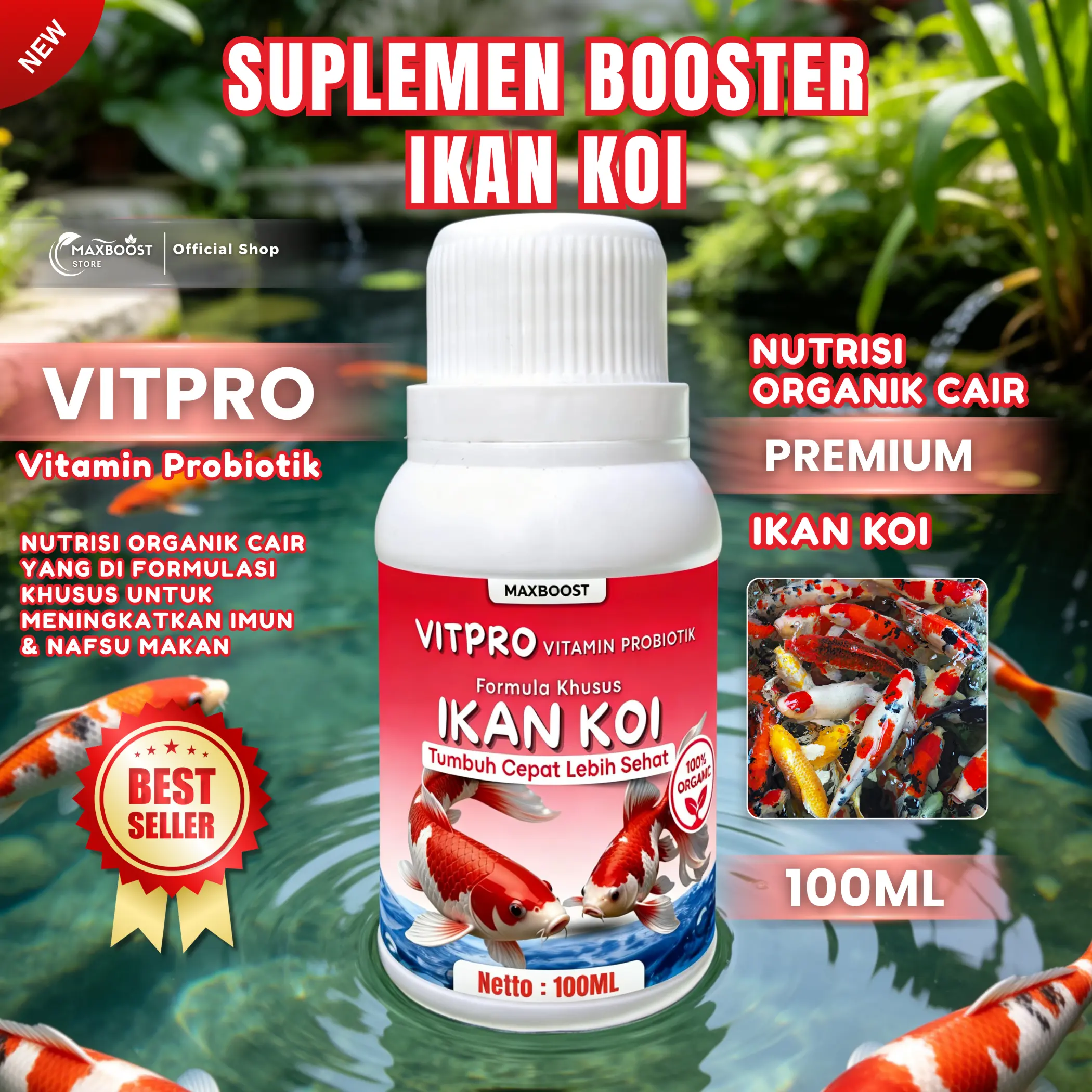 VIT+PRO IKAN KOI Vitamin Ikan KOI, Cepat Besar, Penambah Napsu Makan, anti parasit, panen lebih cepat