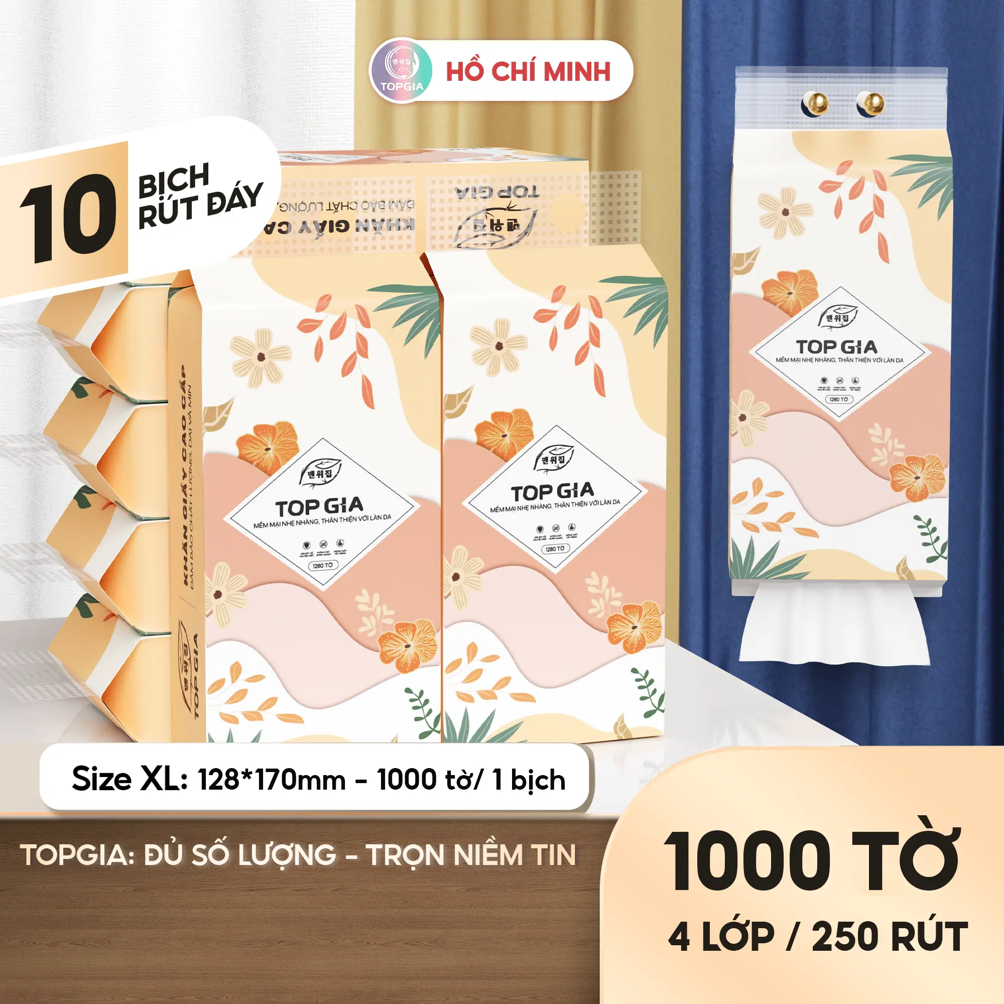 [DEAL COMBO 10 BỊCH] Thùng 10 Bịch Khăn Giấy Rút Đáy Top Gia Tiểu Hạ, Khăn Giấy 4 Lớp Mềm Mịn, Thành Phần Bột Gỗ Tự Nhiên Thân Thiện An Toàn, Khăn Giấy Vệ Sinh