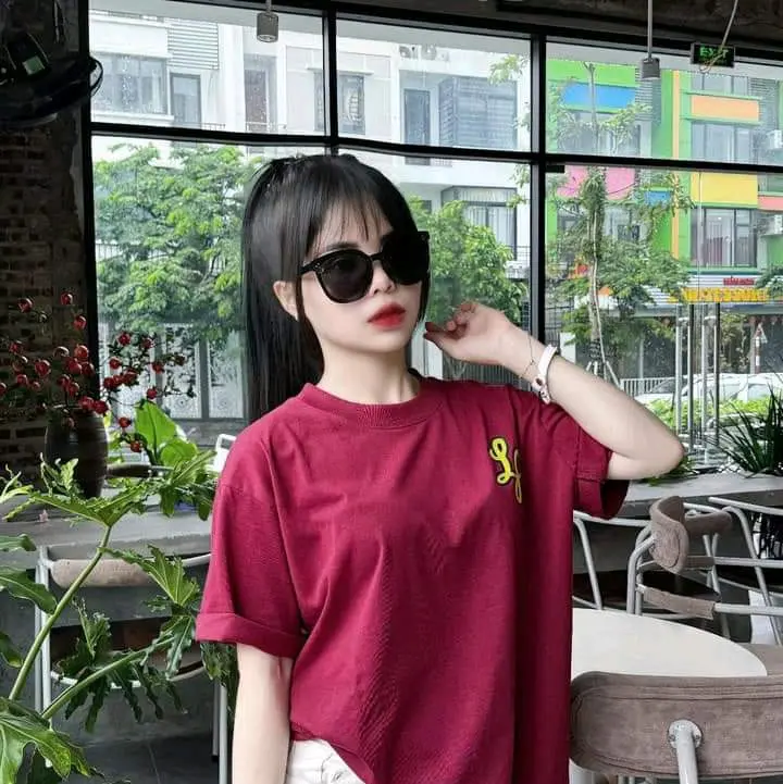 Áo phông cotton phom rộng dáng dấu quần Nữ Cổ Tròn