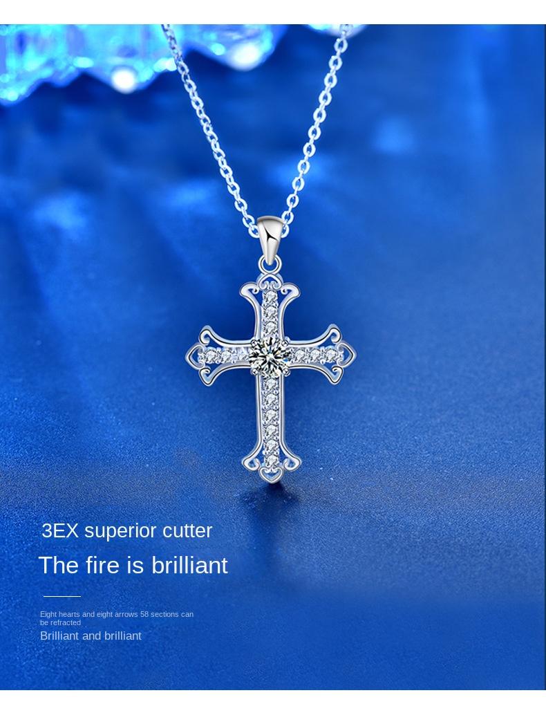 925 Sterling Silver Moissanite Cross Pendant Necklace0