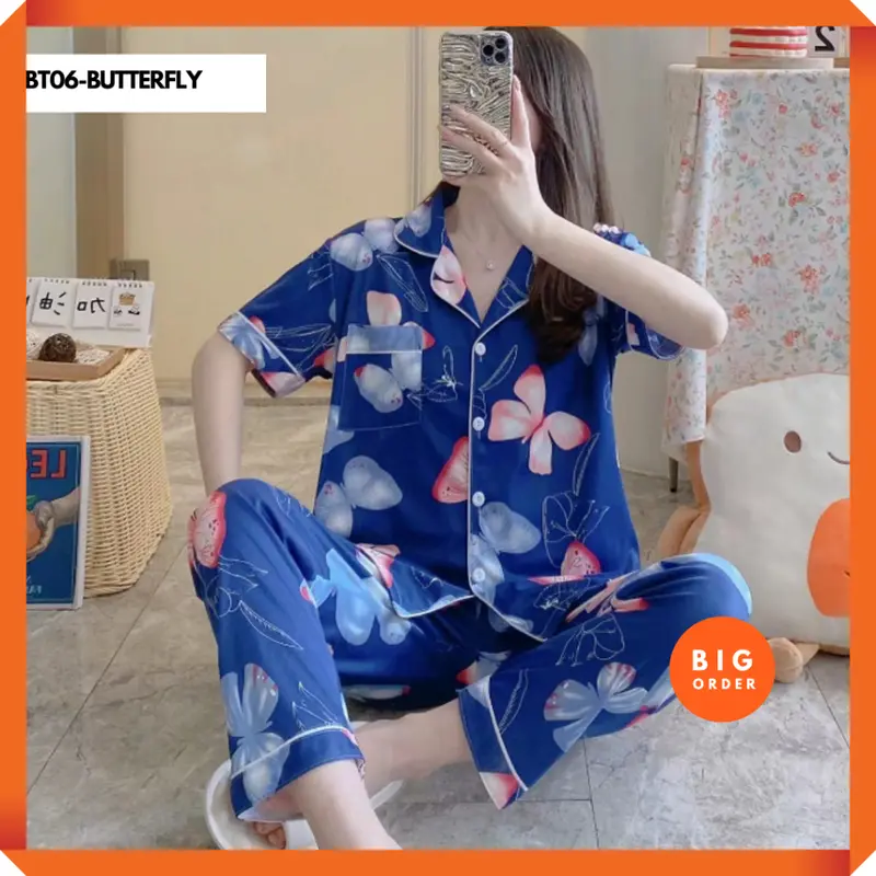 TERSEDIA Set Baju Tidur Piyama Model Korea Kemeja Lengan Pendek Celana Panjang PART 3 - BO - BT06 Fit Katun Lembut Motif 3