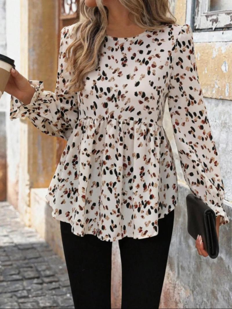 Product Introduction of Women's All Over Print Flounce Sleeve Blouse, Elegant Long Sleeve Round Neck Top for Spring & Fall, Women's Clothing for Daily Wear 4