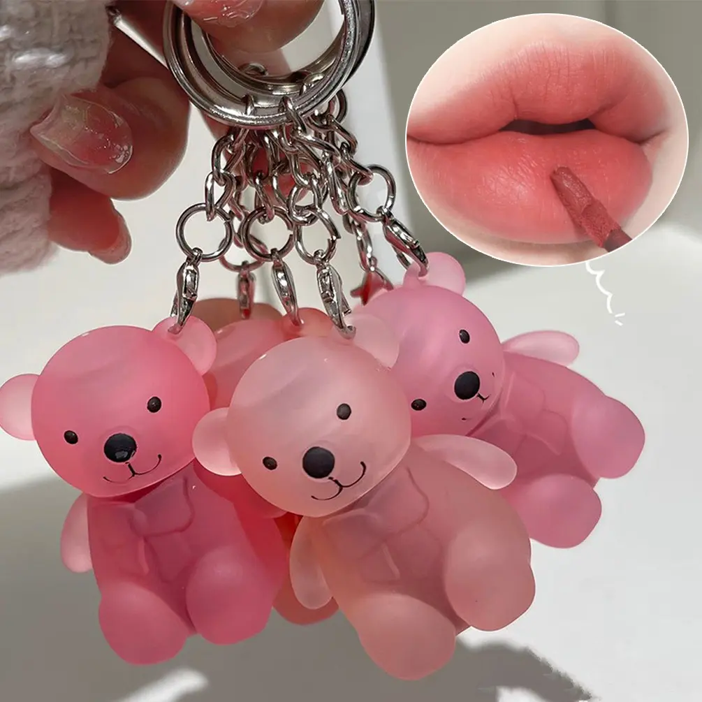 Cute Bear Keychain Nude Red Liquid Lipstick Velvet Matte Waterproof Lip Gloss Lasting Non-stick Lip Tint Makeup Pigment Cosmetic Color Smooth