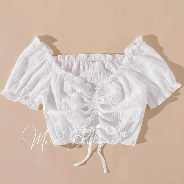 Áo sơ mi nữ, áo croptop trễ vai tay ngắn phồng rút dây ngưc màu đen - trắng mặc ở nhà đi chơi biển đẹp Women Voan Bo Chun