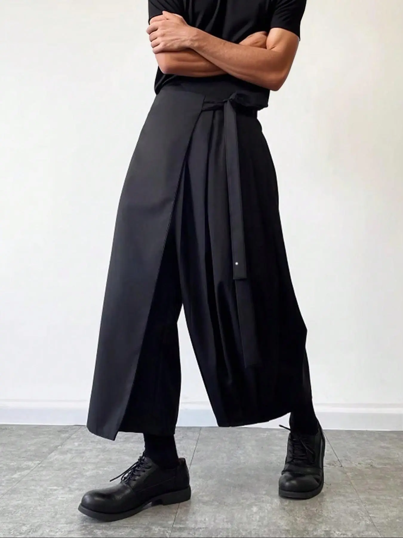 Men's Solid Tie Front Plicated Wide Leg Pants, Casual Comfy Loose High Waist Trousers for Summer, Fashion Men's Bottoms for Daily Wear