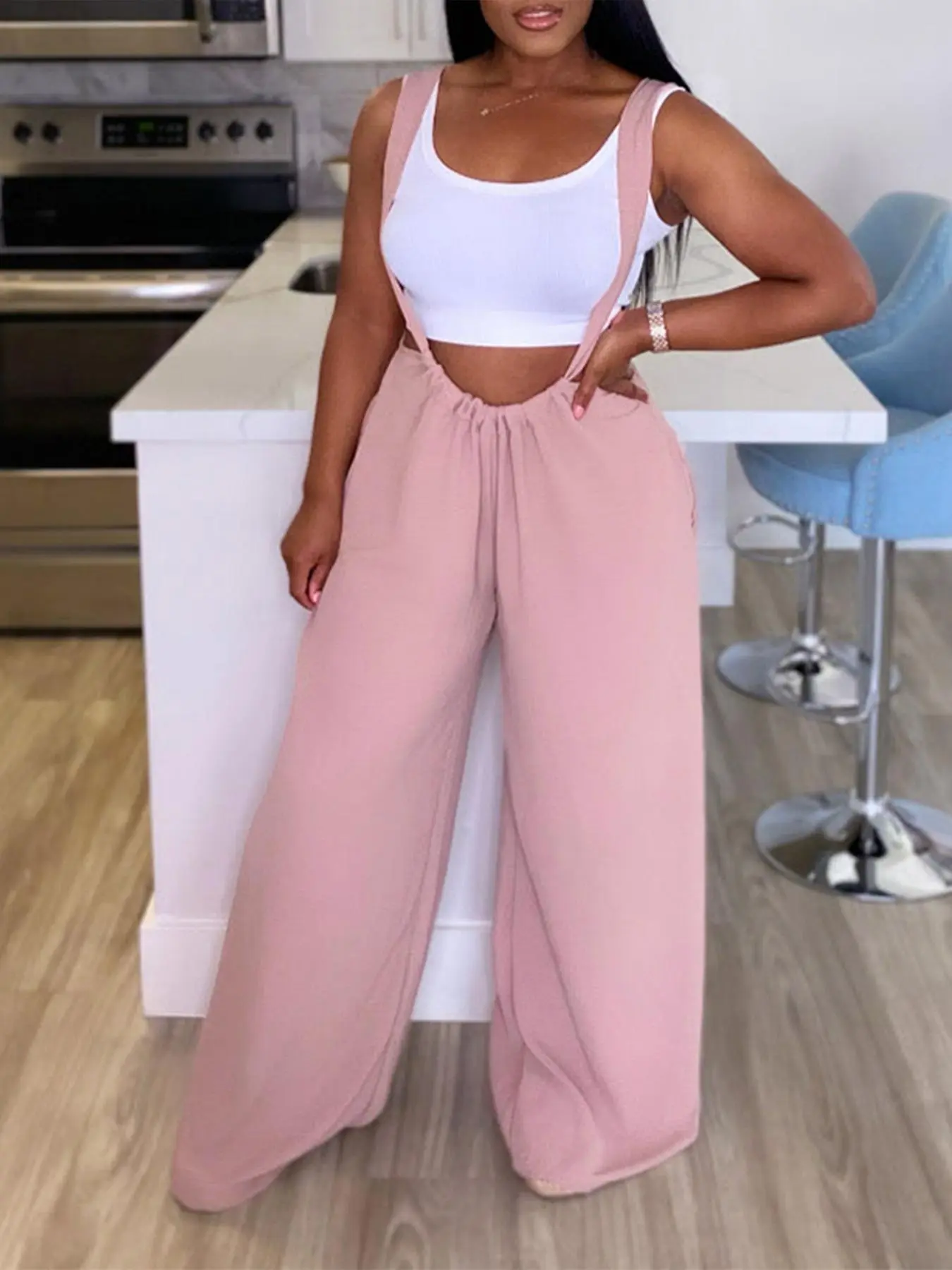Women's Solid Tie Back Elastic Waist Wide Leg Suspender Pants, Casual Comfy Trousers for Daily Wear, Ladies Bottoms for All Seasons