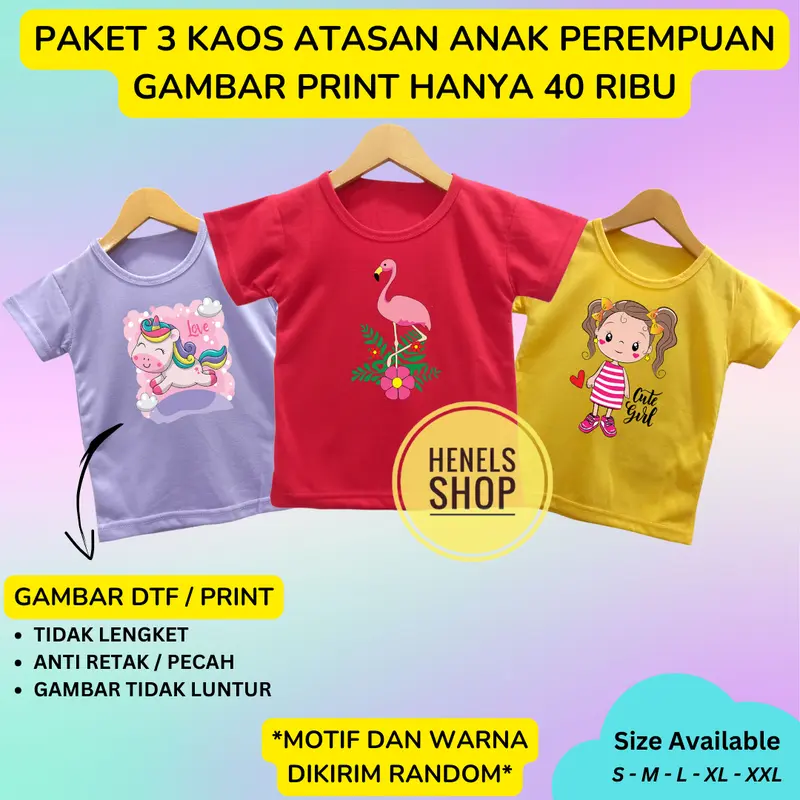 PAKET HEMAT 3 Pcs Atasan Anak Perempuan Usia 3 - 7 Tahun Bisa Cod Kaos Anak Perempuan Sablon Digital 0