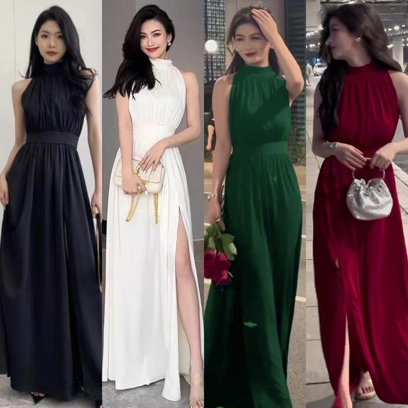 ĐẦM MAXI YẾM CỔ TRỤ SÁT NÁCH CÓ DÂY CỘT EO TÙNG VÁY XẺ  2117 Nữ Dress Women Đen Kem váy  màu