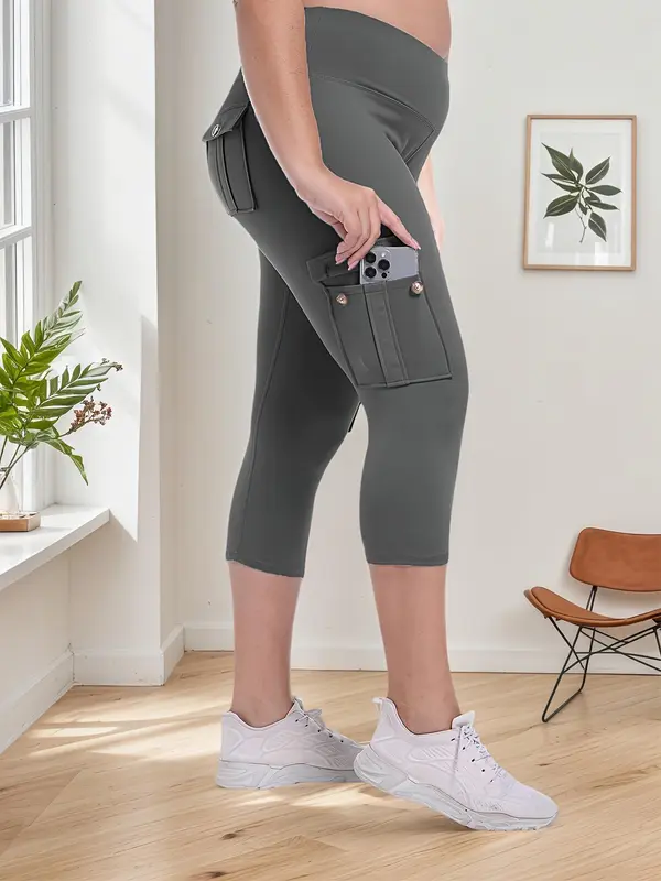 Women's Plain High Waist  Sports Capri Leggings, High Stretch  Casual Comfortable  Breathable Multi-pocket Skinny Pants for Yoga Gym Workout Running, Ladies Sportswear for All Seasons 2