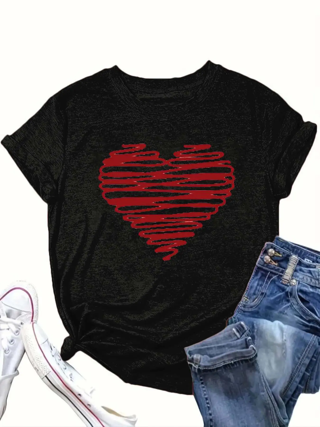 【Plus Size】 Heart Print Round Neck Tee, Casual Short Sleeve Crew Neck T-Shirt for Summer, Women's Clothing for Daily Wear