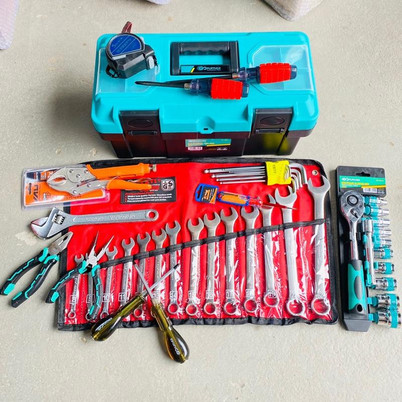 Bộ dụng cụ 46 món đồ sửa chữa xe máy, máy móc, đồ dùng gia đình: hộp đựng đồ, cle, mỏ lết, lục giác, tuýp, tô vít.. GF46DC