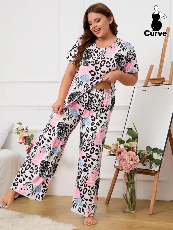 2 Pieces Plus Size All Over Print Pyjama Set, T-shirt & Trousers Two-piece Pj Set, Plus Size Clothing for Daily Home Wear, Casual Pyjamas for Women, Women's Sleepwear, Lounge Set for Women, Summer Clothes Women, Pajamas Sets Women 0