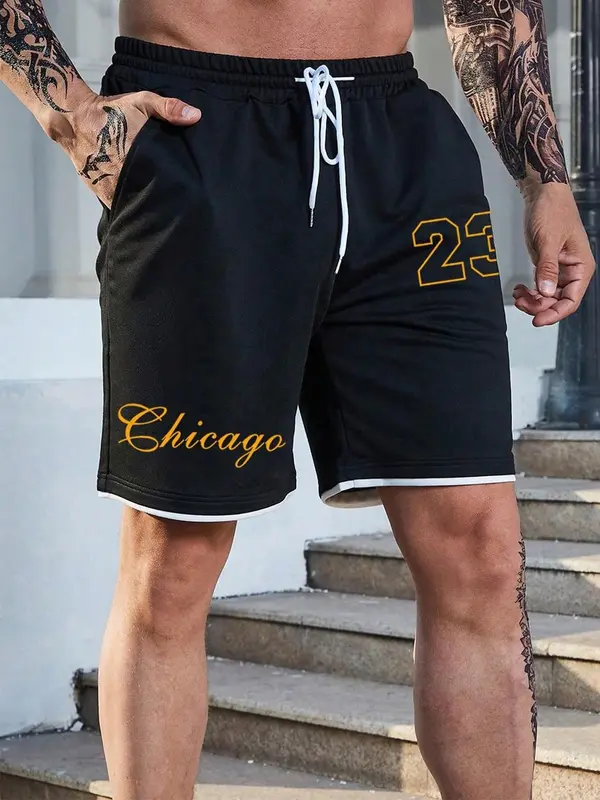 【Plus Size】 Men's Letter Print Drawstring Waist Shorts, Regular Fit Casual Fashion Shorts for Outdoor Daily Wear, Men's Bottoms for Summer 4