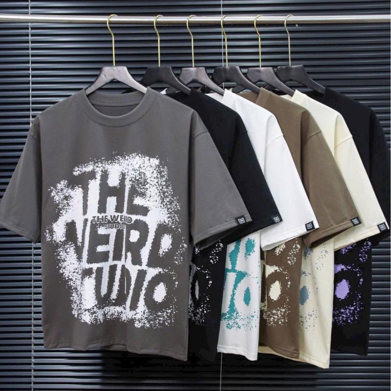  Áo Thun Nam IN Chữ Màu 3D Vải Thun Cotton Dáng Rộng Menswear Cổ Tròn 