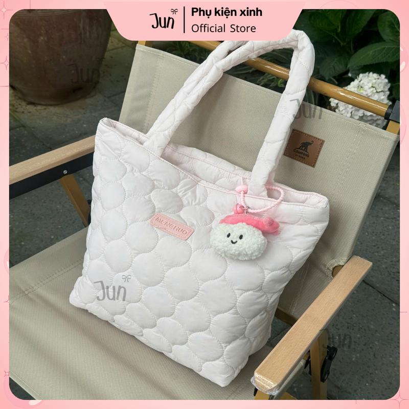 Túi tote chần bông mềm JUNSTORE túi xách ngăn lớn đựng laptop 14inch dày có khóa kéo thời trang T12