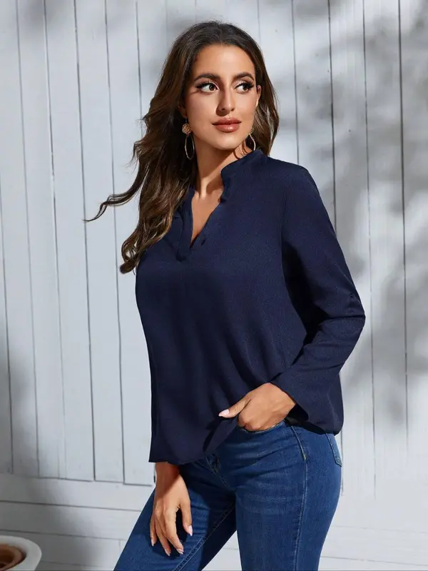 Women's Plain Notched Neck Blouse, Elegant Casual Long Sleeve Top for Daily Outdoor Wear, Ladies Clothes for All Seasons 2
