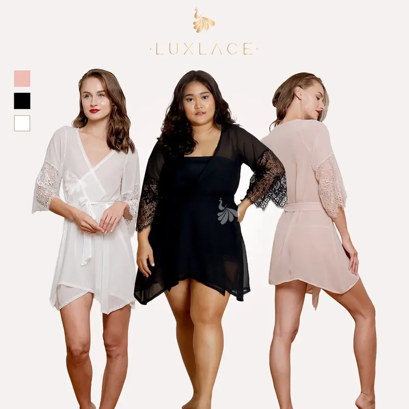 LUXLACE WEAR ALETHA Kimono Sexy Bahan Sifon Lingerie Jumbo Transparant Baju Tidur Wanita Dewasa Renda Piyama Set 100% PRIVASI TERJAGA 8