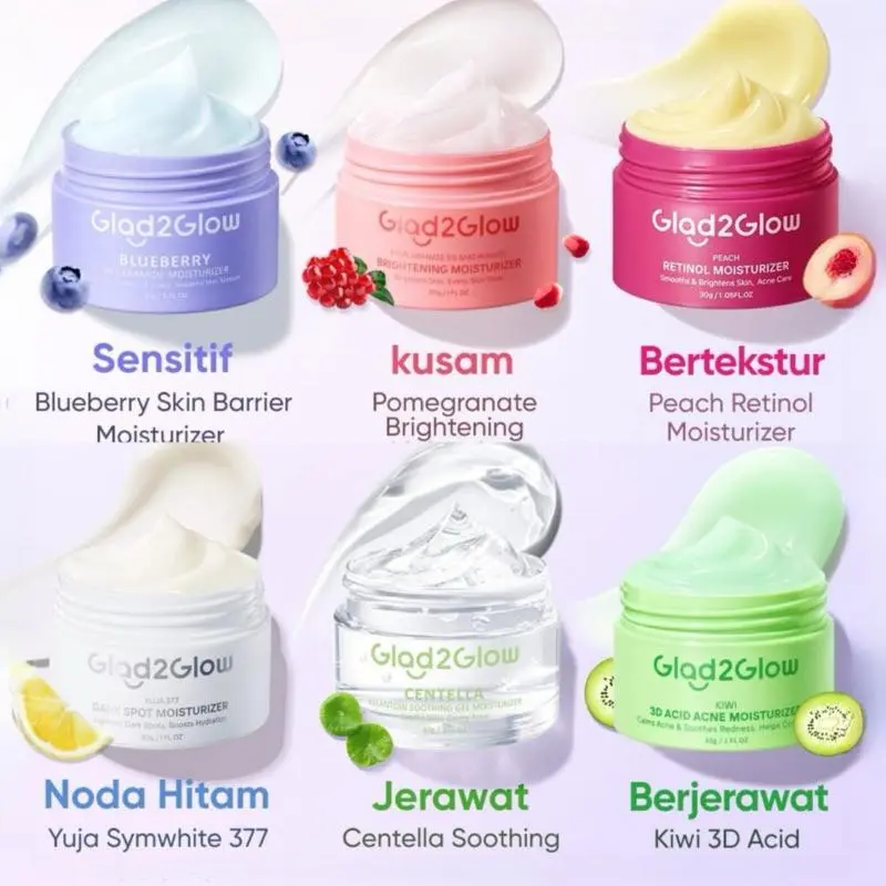 MOISTURIZER GLAD2GLOW 30gr - PELEMBAB WAJAH TERMURAH POMEGRANTE | BLUEBERRY | CENTELLA | YUJA  | KIWI | RETINOL