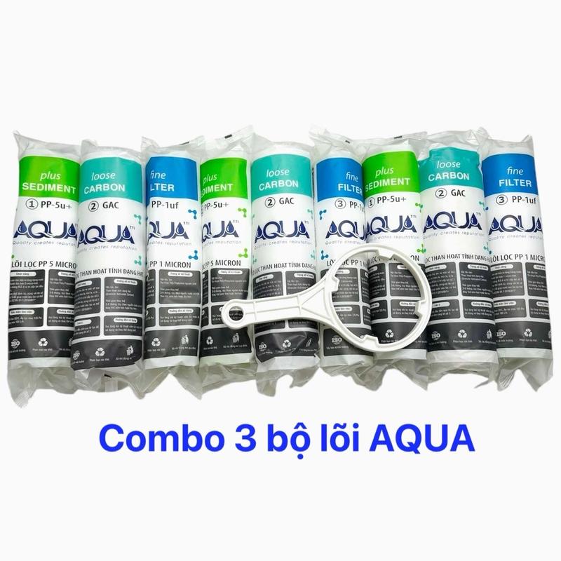 Lõi lọc nước AQUA chính hãng 3 bộ 1,2,3 lắp cho các loại máy lọc RO  có cốc lọc thô 1,2,3 10inch tặng kèm tay công tháo cốc 1,2,3 Bộ lọc nước thay thế cho máy lọc nước Ro