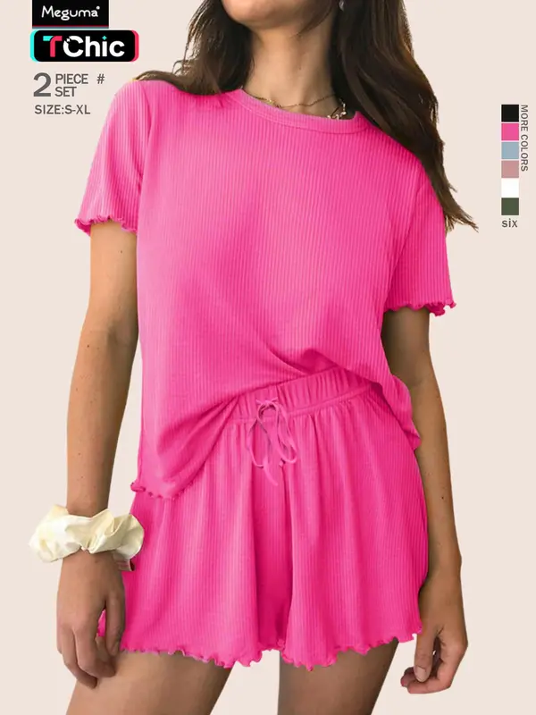 Women's solid color casual pajama set, round neck short-sleeved top, elastic waist pocket shorts, two-piece home clothes. 0