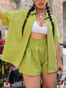 【Plus Size】 Solid Color Top & Shorts Set, Casual Short Sleeve Collared Top & Shorts, Women's Summer, Womenswear