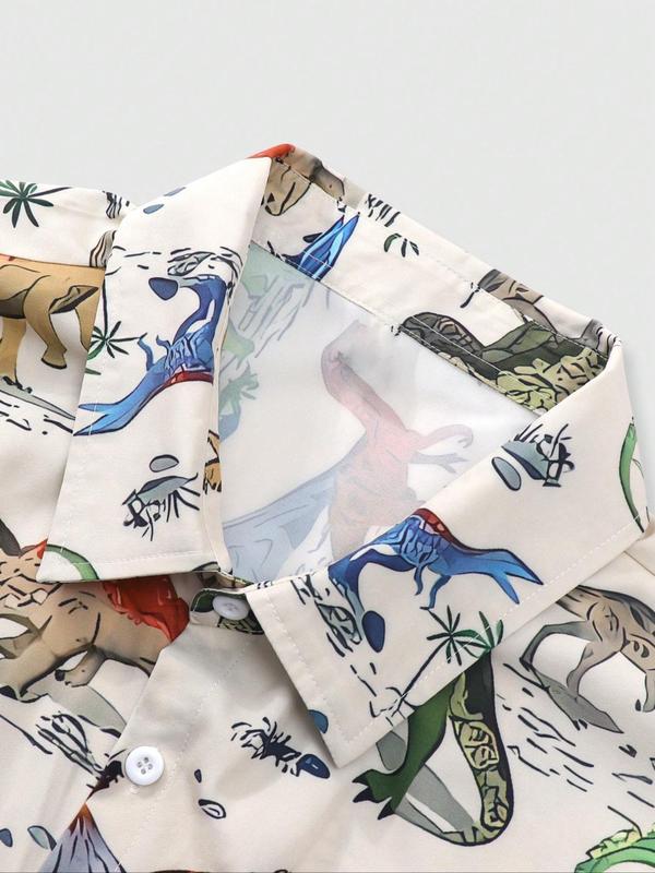 Men's Dinosaur Print Short Sleeve Shirt, Casual Regular Fit Button Up Top for Summer, Men's Clothes for Beach Vacation, Menswear 3