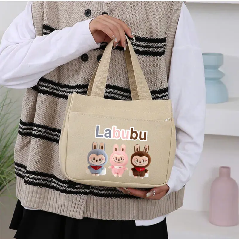 Túi mini đa năng đựng cơm,đựng mỹ phẩm sức chứa lớn vải Canvas phong cách Nhật Bản hoạ tiết Labubu Bag Hoa HAT131 4