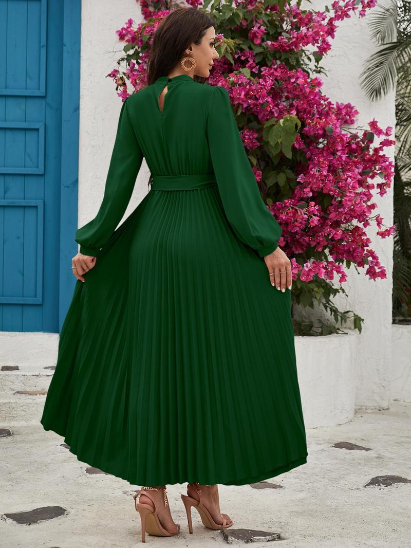 Product Introduction of Women's Solid Belted Pleated Dress, Elegant Bishop Sleeve Keyhole Back A Line Dress for Spring & Fall, Women's Clothing for Wedding Guest, Dresses for Women 2