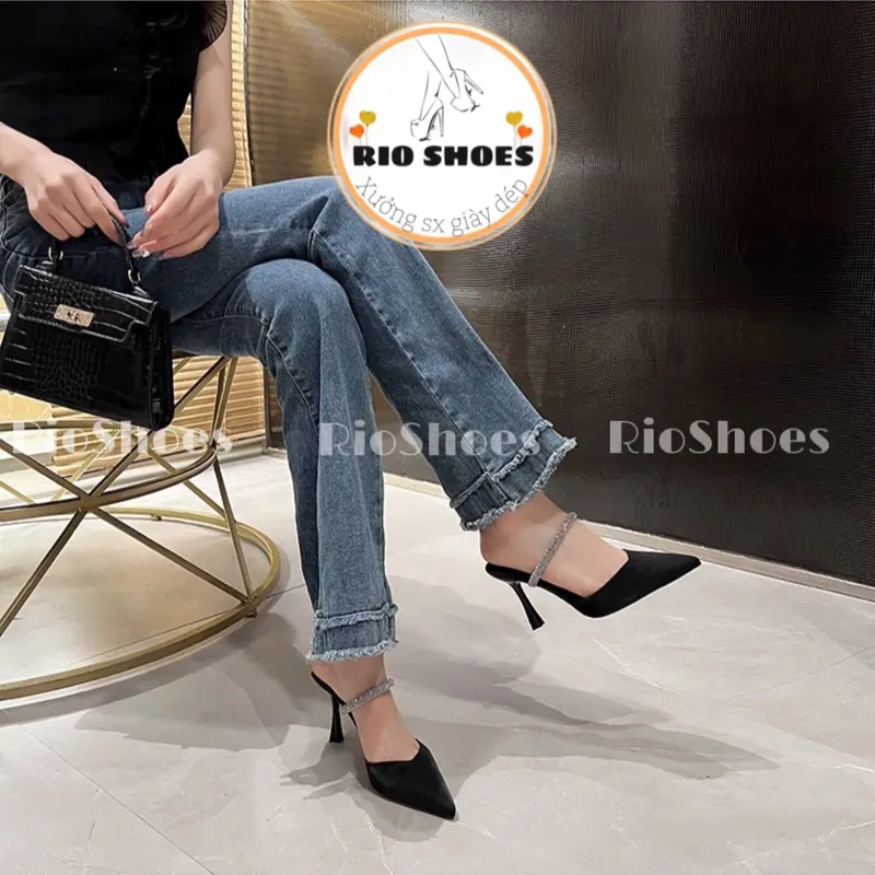 Sục nữ mũi nhọn hở hậu chất da lì mịn gót nhọn cao 9cm phối dây xoàn đá lấp lánh RO0701 s ụ giay 7 DéP GiàY Shoes Sandal Nhung 5