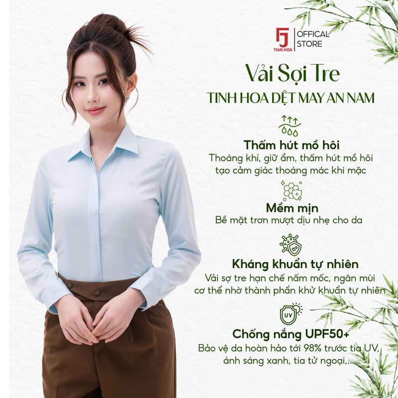 Set Áo 103 Trắng chất liệu sợi tre trơn & Chân Váy R01 Sơ Mi Nữ cao cấp giấu cúc Thái Hòa công nghệ mới