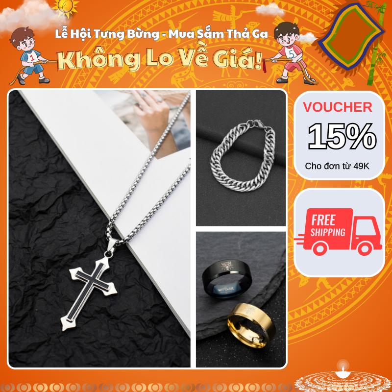 KuuClothes Bộ 3 sản phẩm Vòng Cổ Chữ Thập, vòng tay T.i.n, Nhẫn Pander titan không gỉ thời trang nam nữ  basic dễ phối đồ - VCCHUTHAP + VTTIN +NPANDER Trang Trí