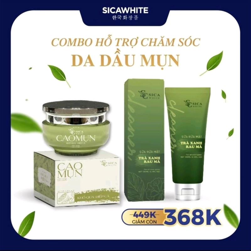 combo chăm sóc da dầu mụn sica white: cao mụn khổ qua diếp cá + sữa rửa mặt trà xanh rau má Sica white