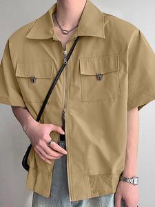 Men's Solid Pocket Zipper Shirt, Regular Fit Casual Short Sleeve Collared Top for Summer, Fashion Men's Clothes for Daily Wear