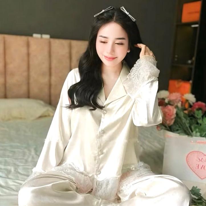 Sét bộ ngủ pijama phối ren chất lụa latin mềm mịn siêu sang (freesize 40-60kg) - Nữ - Women Quần Ngủ áo choàng loang Nhung Kem Voi Tim - Nho