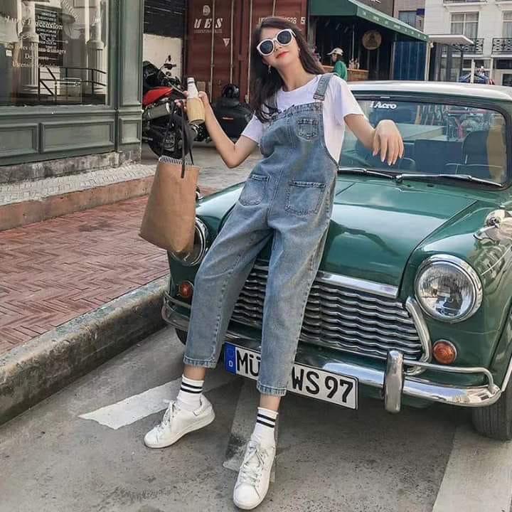  Yếm jean dài nữ trơn ,Yếm jean quần dài phong cách hàn quốc 001 