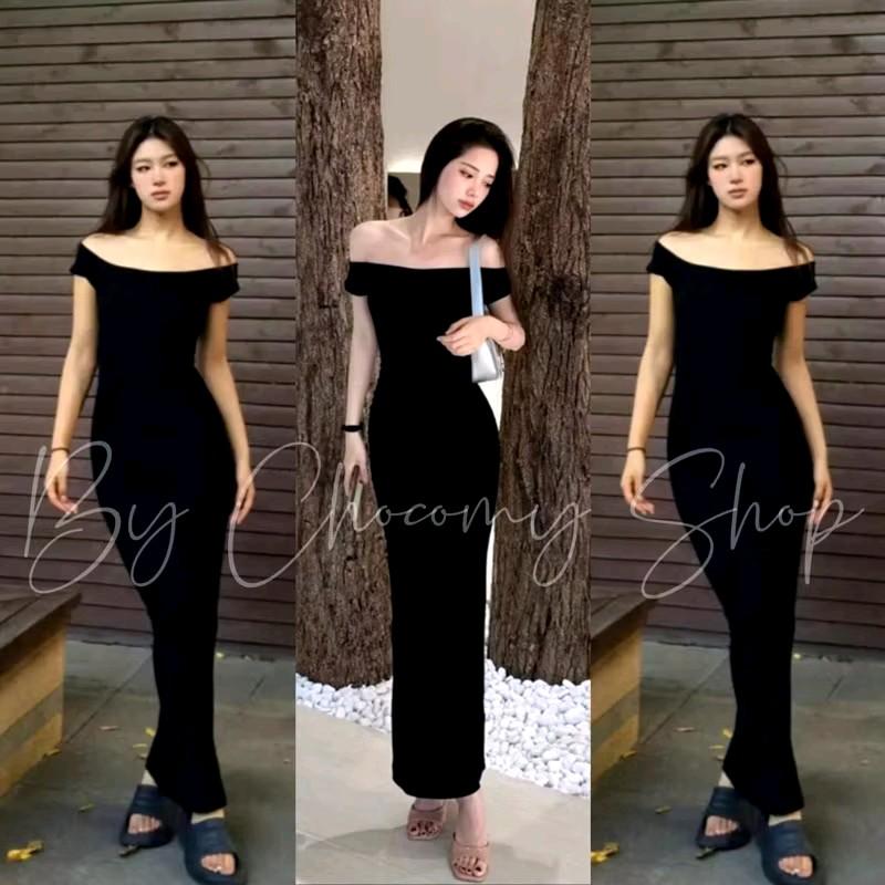 Đầm Body Nữ Bẹt Vai Dáng Dài Tay Ngắn Form Body Cực Xinh Dress Màu Đen D331 Women