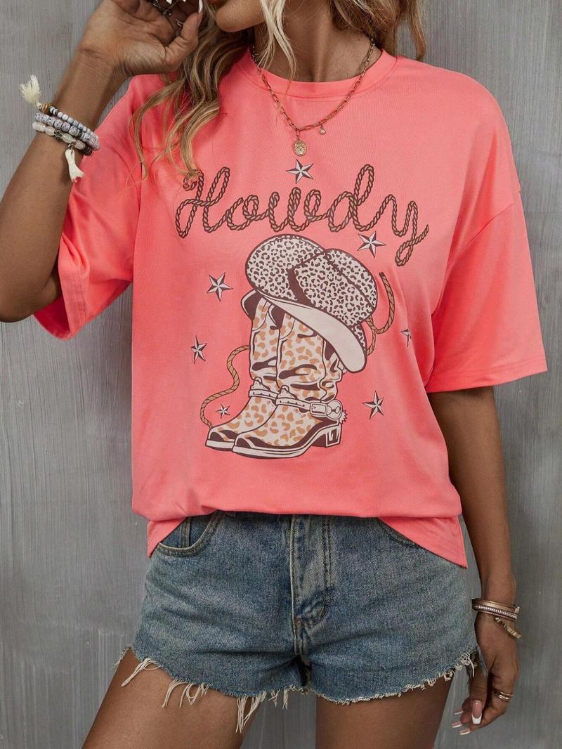 Product Introduction of Women's Letter & Hat Print Round Neck Graphic Tee, Vintage Trendy Casual Half Sleeve T-shirt for Daily Wear, Ladies Summer Clothes 1