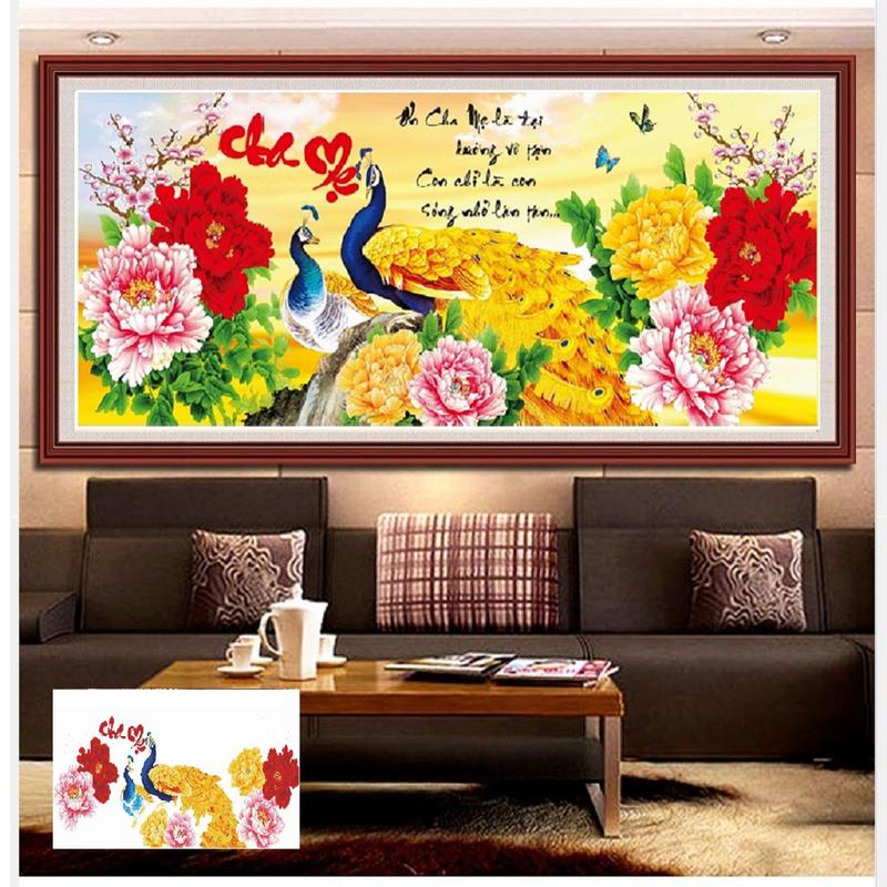 Tranh thêu kín cha mẹ KT:110x50cm, tranh chưa thêu và chưa khung