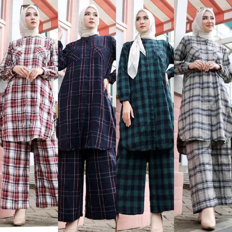 ONE SET FLANEL KOTAK,SETELAN TUNIK WANITA BAHAN FLANEL KOTAK 0