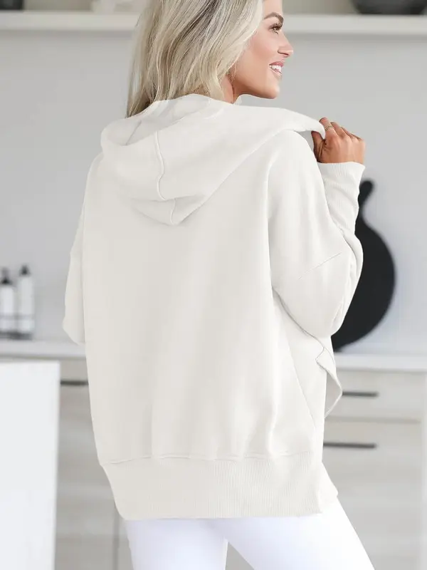 Women's Plain Pocket Button Drop Shoulder Hoodie, Casual Long Sleeve Hooded Pullover for Daily Wear, Ladies Clothes for All Seasons 5
