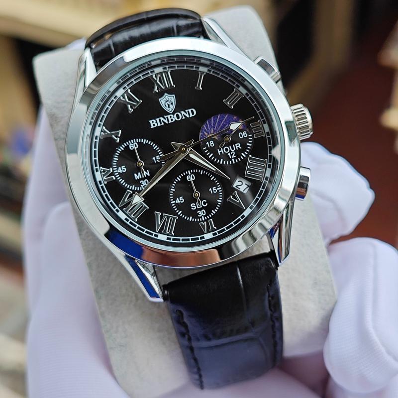 BINBOND Chính hãng máy chạy 6 kim, dây da bò, kháng nước 3ATM có tặng hộp và pin đi kèm Watch Đeo Tay Nam Voi donghochong xuoc