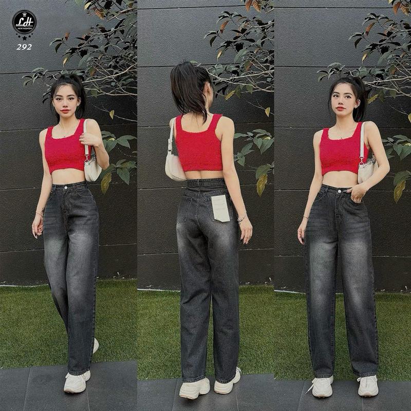 Quần jean nữ trơn cạp cao màu xám đen đơn giản Kim Anh Jeans MS 292 0