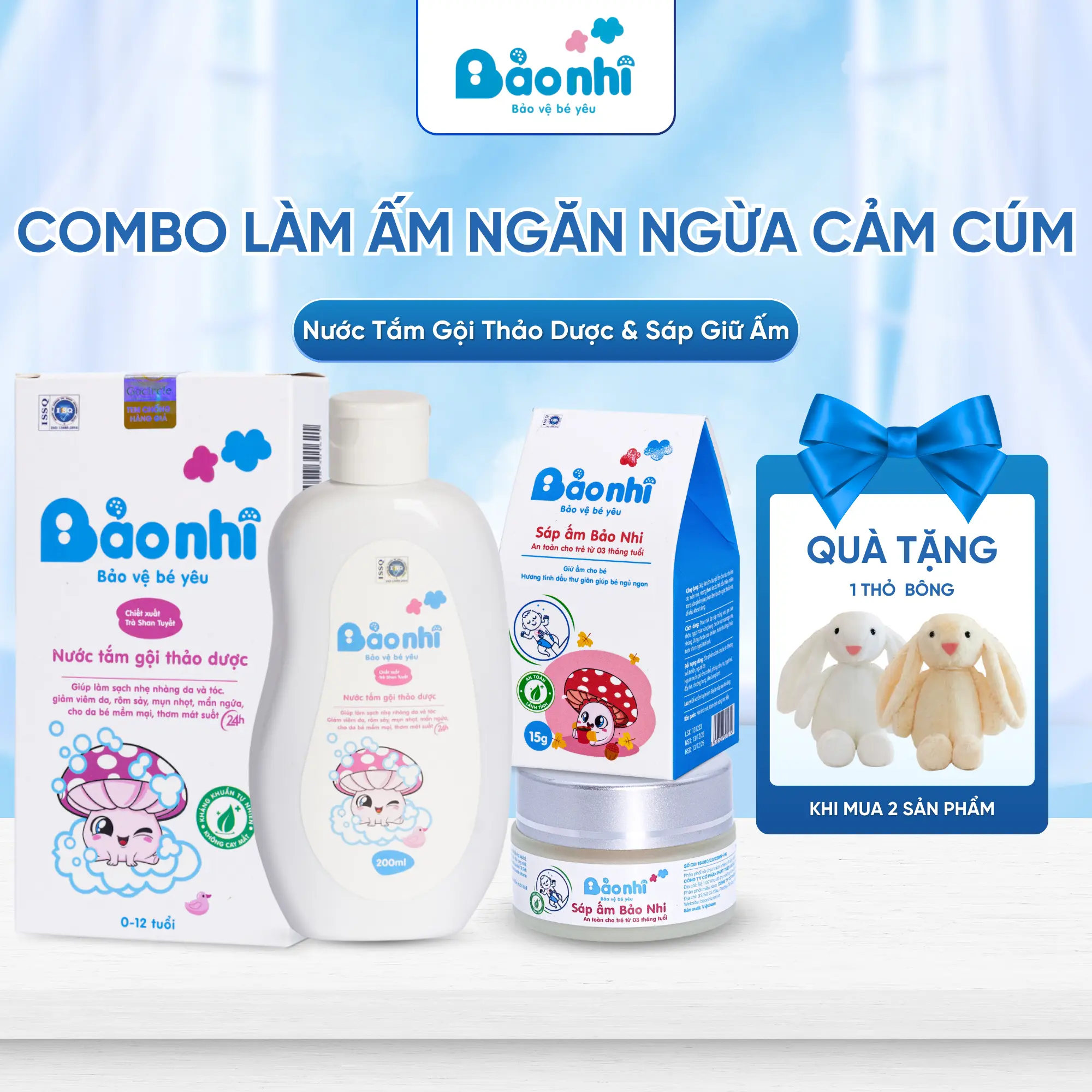 Combo Làm Ấm Ngăn Ngừa Cảm Cúm Cho Bé Nước Tắm Gội Thảo Dược & Sáp Giữ Ấm Bảo Nhi Tặng Kèm Thỏ Bông