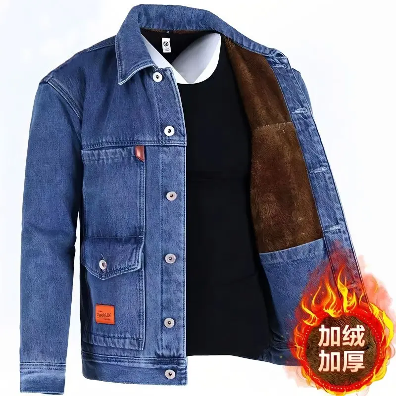 Áo Khoác Denim, Lót Lông Cừu, Dày Dặn, Trang Phục Ấm Áp Cho Nam, Chống Gió, Chống Thấm Nước, Thích Hợp Cho Mùa Đông, Nam Trung Niên, Ngoại Cỡ, Dáng Rộng Vừa Vặn, Áo Khoác Quần Áo Denim