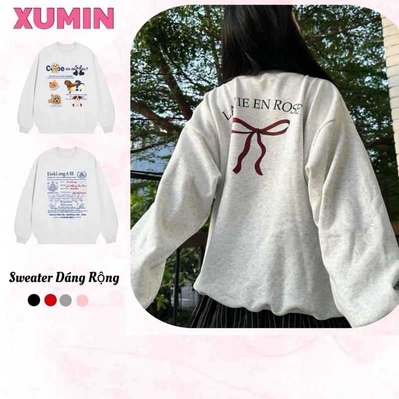 Lót Nhung BST Áo Sweater Xu Min Min - Chất Nỉ Lót Nhung Dáng Rộng Nam Nữ Màu Xám Tiêu In Hình Nhiều Phân Loại