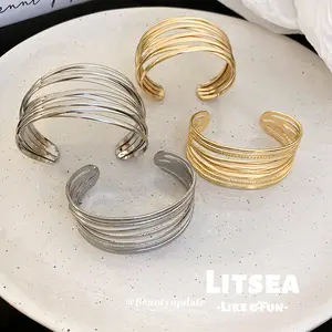 【Litsea】gelang perak emas rantai multilayer terbuka desain unik dramatis modis klasik tahan halus Q1343
