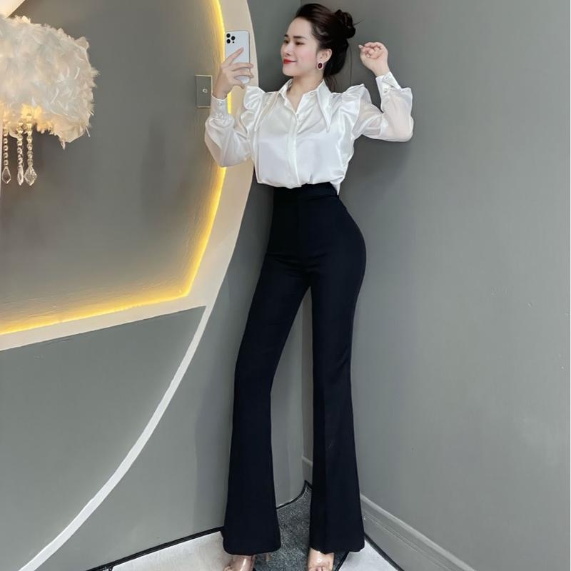 Q101 Quần Tây Nữ Công Sở Thiết Kế EMME Lưng Cao Dáng Dài Ống Loe Cách Điệu Đen Women Nhung Trắng Ong Voan - Thanh Tự