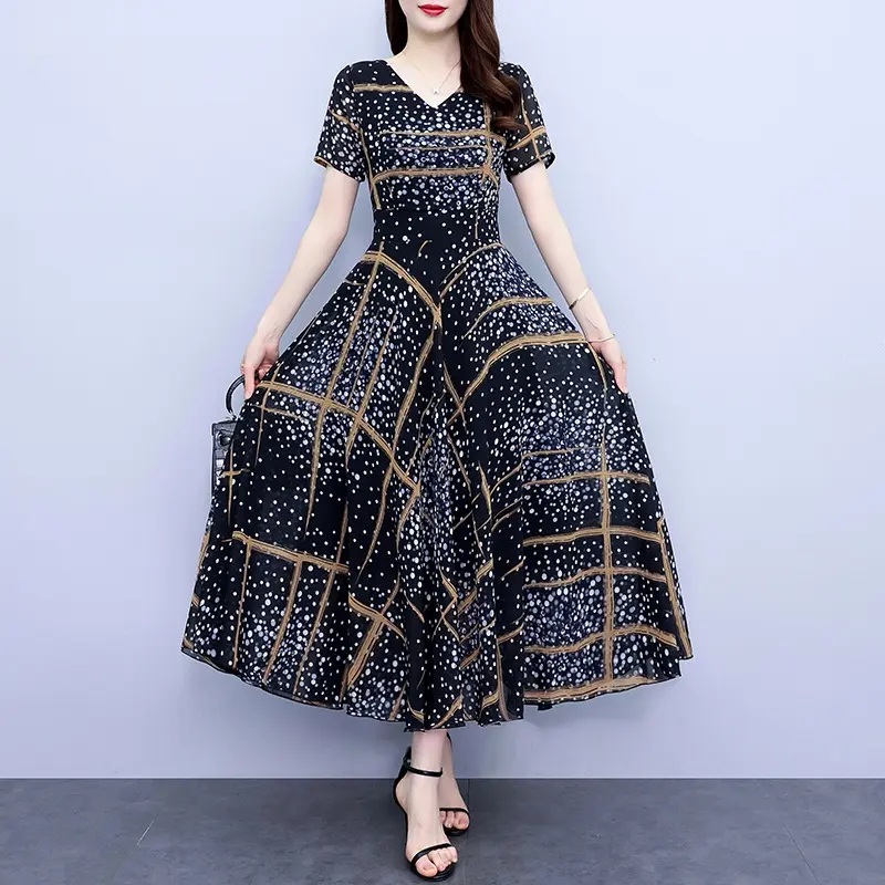 gaun sifon Korea baru mode gaun ukuran besar/Dress panjang/Dress korean style Casual Wanita Pendek Motif Baju Katun Polkadot 5
