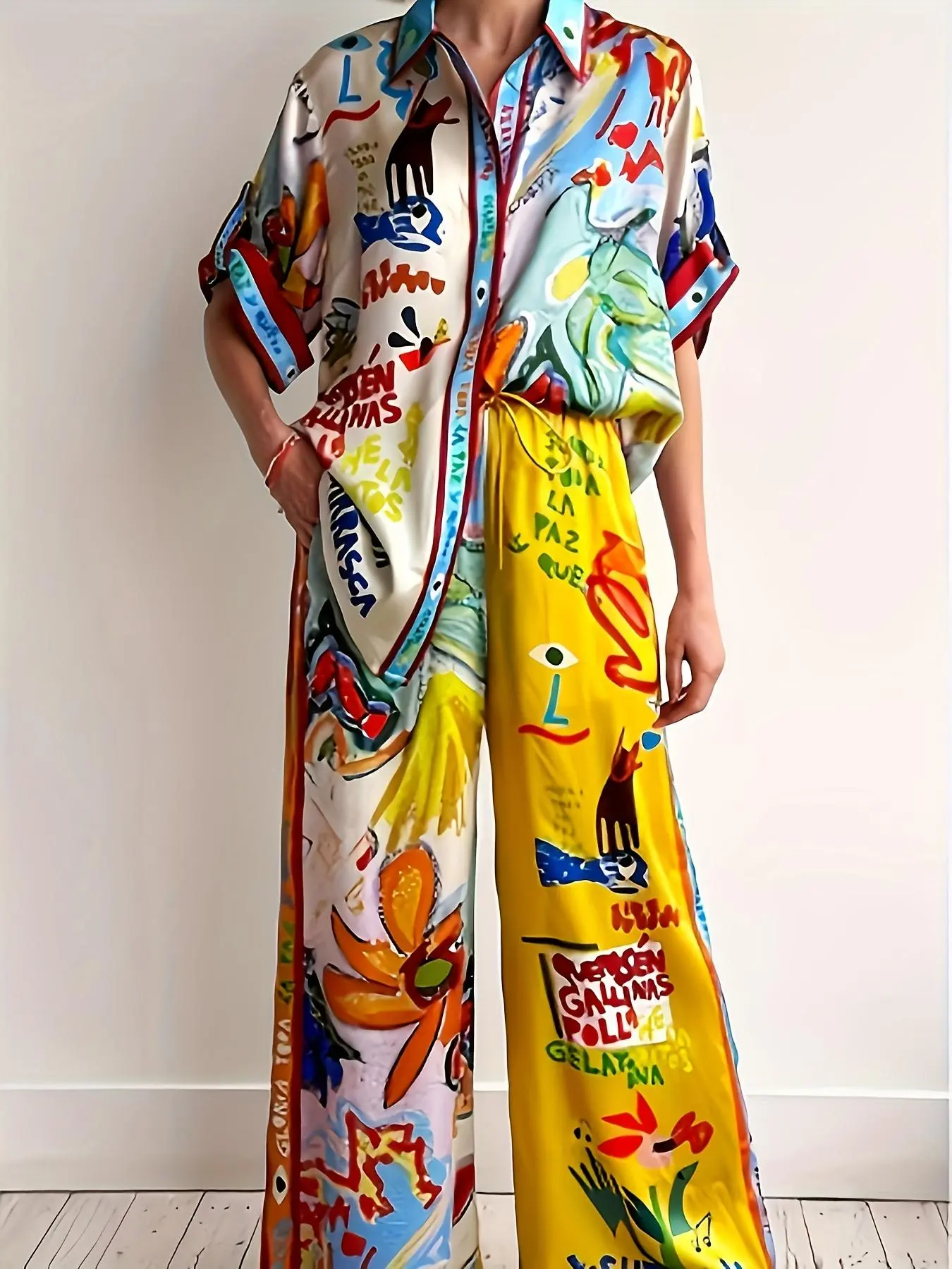 Women's All Over Print Shirt & Wide Leg Pants Two-piece Set, Casual Short Sleeve Top & Knot Front Trousers for Daily Wear, Ladies Summer Clothes