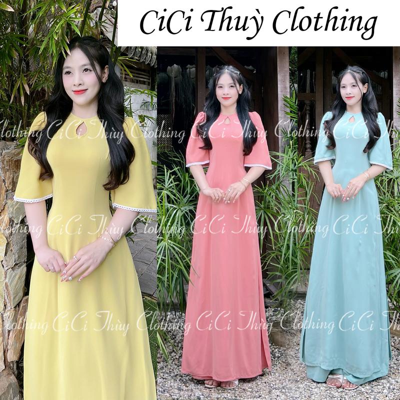 (Sẵn Hàng) Áo Dài Tết 2026 Áo Dài Lụa Mỹ Cổ Tròn Dáng Eo Tay Loe Viền Ren Phù Hợp Cho Giao Viên Hoặc Lễ Hội- CiCi Thuỳ Clothing